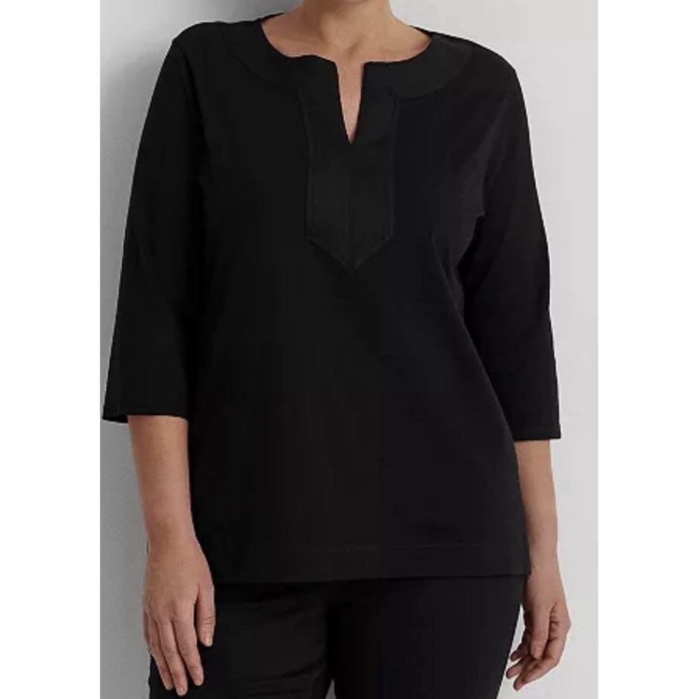 LAUREN Ralph Lauren Black Split Neck Tunic Blouse 3/4 Sleeve Women's Plus 2X